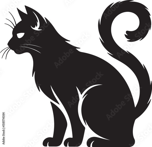 Black cat silhouette with curled tail and pointed ears feline animal
