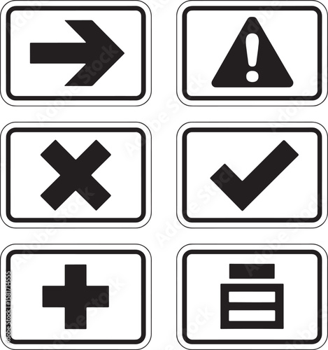 Black symbols on white background including arrow checkmark cross plus and warning right direction