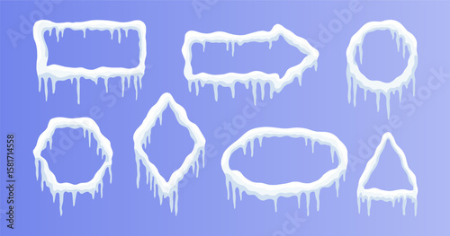Set of advertising banners featuring snow ice cap designs in various shapes like rectangular, square, oval, arrow and round.