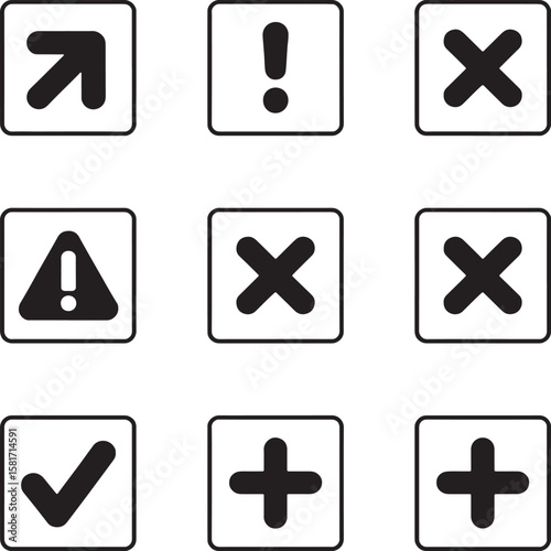 Black symbols on white squares including arrows checkmarks crosses and plus signs exclamation mark