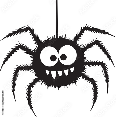 Black fuzzy spider with big eyes and sharp teeth cartoon creepy