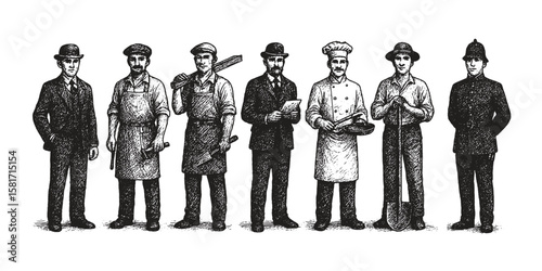 Set of vintage full-body illustrations of men in various professions, including chef, butcher, and policeman.