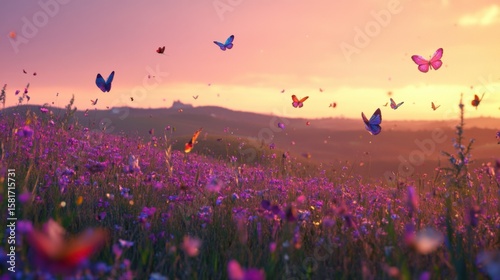 envision a peaceful ukraininan countryside scene just after sunset. a soft twilight haze settles over flower fields of tall grass. colorful butterflies flicker gently among the grasses

