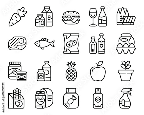 Groceries Icon Set  Fresh Produce, Dairy, Meats, Snacks, Beverages Vector Icons for E-commerce & Food Apps - Adjustable Weight