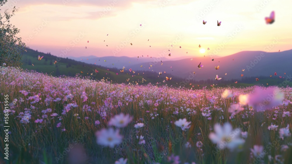 Naklejka premium envision a peaceful ukraininan countryside scene just after sunset. a soft twilight haze settles over flower fields of tall grass. colorful butterflies flicker gently among the grasses 