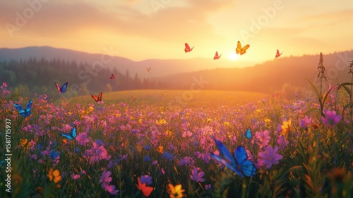 envision a peaceful ukraininan countryside scene just after sunset. a soft twilight haze settles over flower fields of tall grass. colorful butterflies flicker gently among the grasses
