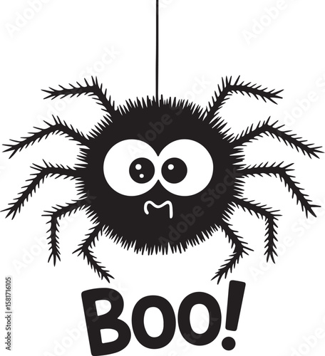 Cartoon spider hanging with boo text halloween spooky