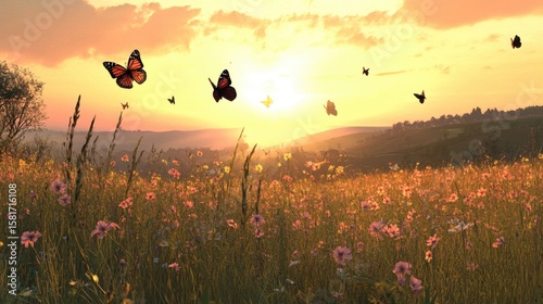 envision a peaceful ukraininan countryside scene just after sunset. a soft twilight haze settles over flower fields of tall grass. colorful butterflies flicker gently among the grasses
