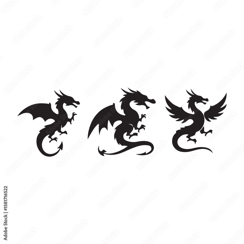 Fototapeta premium Flying Dragon Silhouette Vector Set – Fantasy Mythical Creatures