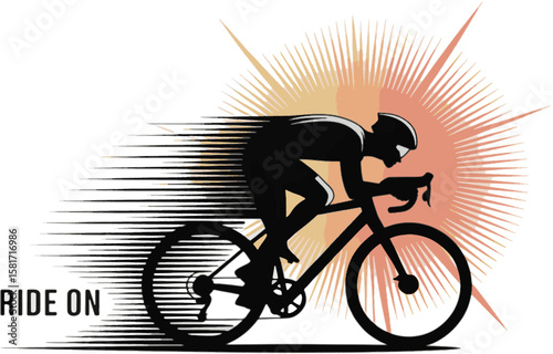 Cyclist racing with speed lines and sunburst bicycle motion