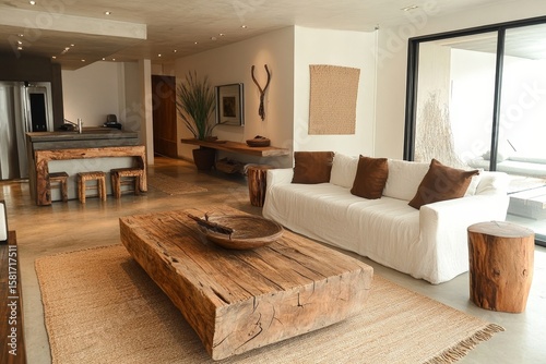 Rustic wooden decor pieces and a white sofa, adding charm and simplicity to the modern living room design, Generative AI