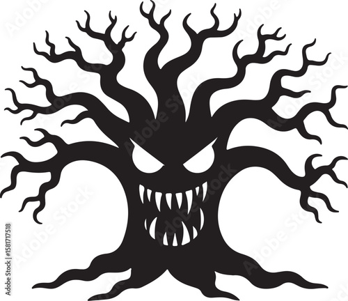 Scary silhouette of a gnarled tree with a monstrous face branches