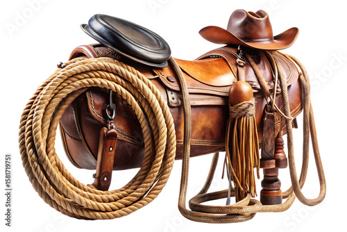 Brown leather western saddle with coiled lasso and cowboy hat isolated on a transparent background rodeo