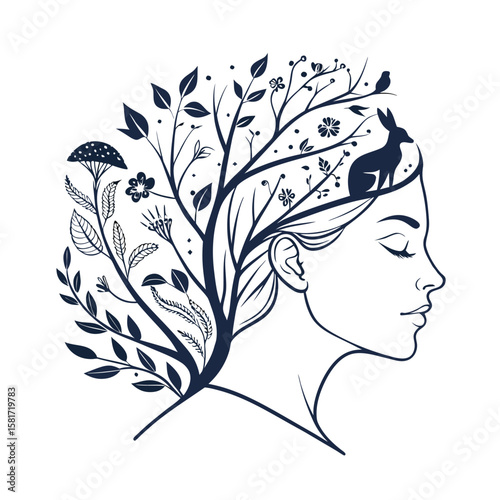 one line-art of a calm female face in profile seamlessly blending into natural elements—her hair transforms into leaves, flowers, branches, and small forest animals including a