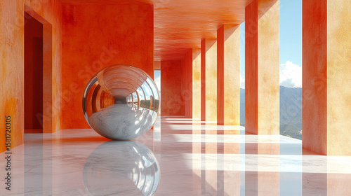 Fototapeta Naklejka Na Ścianę i Meble -  Chrome sphere in orange colonnade overlooking mountains