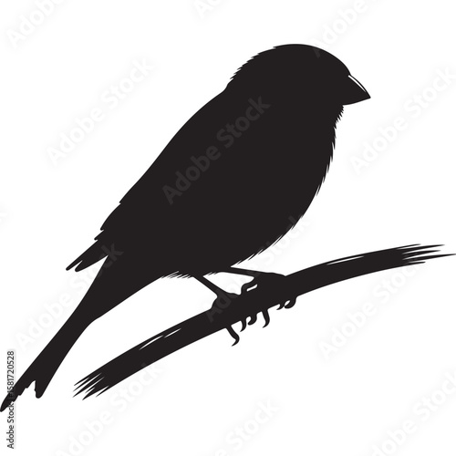 Black Silhouette of a Small canary Perched on Branch Vector Illustration
