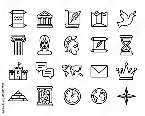 History Vector Icon Set – Museum, Ancient Scroll, Archaeology, Artifact, Monument, Timeline, Civilization, Heritage, Empire, Exploration Icons