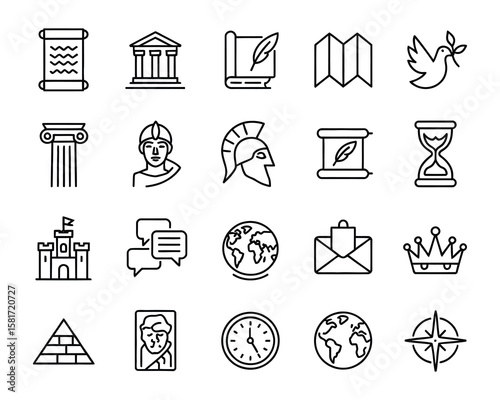 History & Culture Icons  Ancient, Medieval, Museum, Artifact, Timeline Vector Set - Adjustable Line Weight