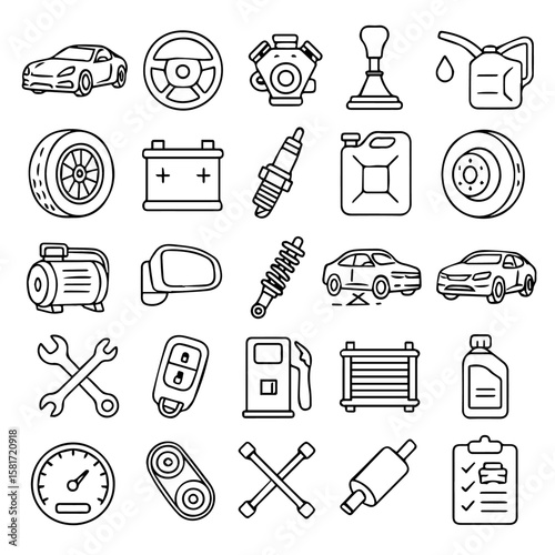 Automotive Parts  Car Service Icons: Comprehensive Collection of Outline Symbols for Vehicle Maintenance, Repair Tools, Engine Components, and Fuel