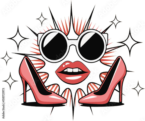 Glamorous lips sunglasses and high heels with sparkling stars fashion glamour