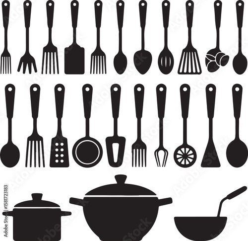 Assorted kitchen utensils and cookware silhouettes kitchenware cooking