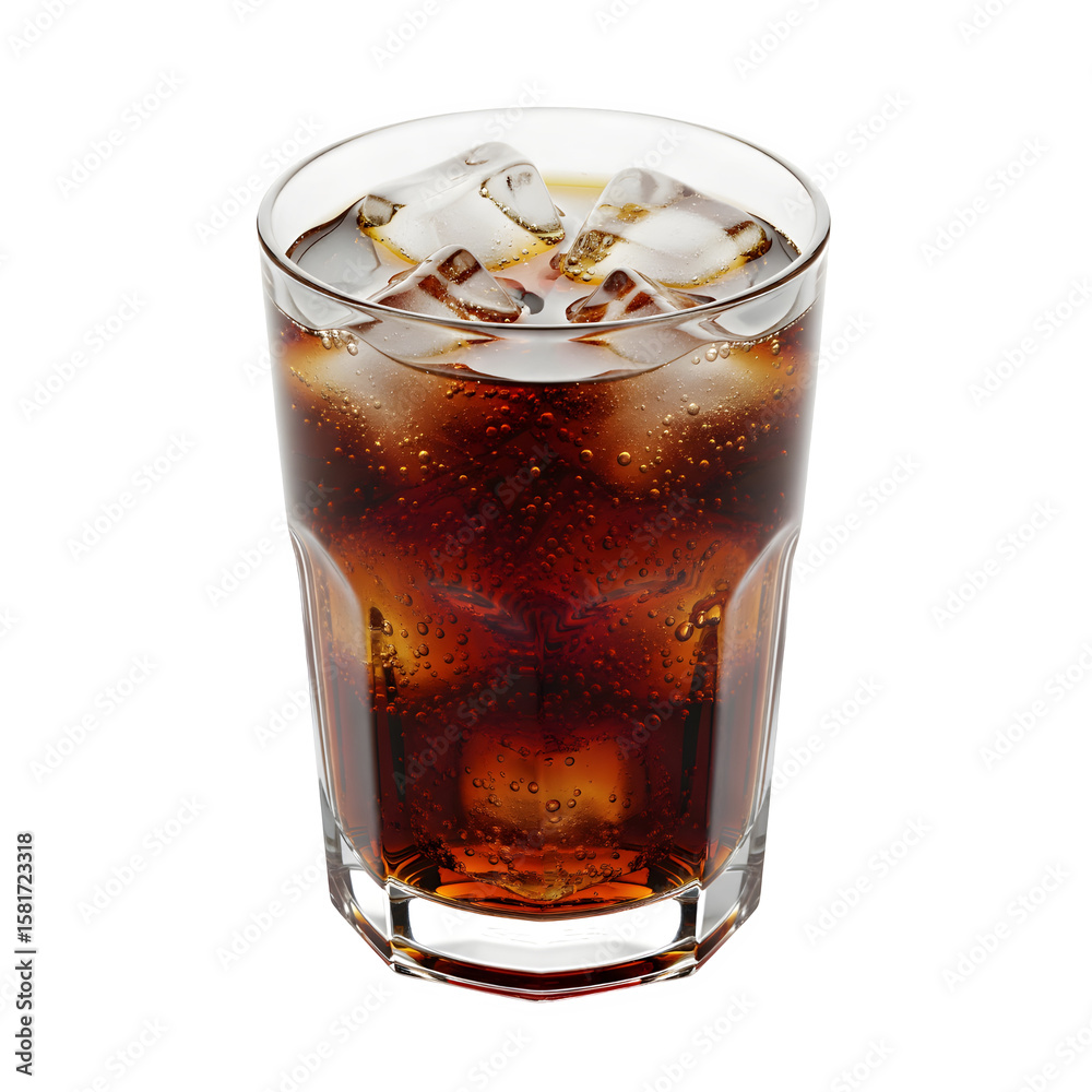 A glass of cola filled with ice cubes against a white backdrop
A glass of cola filled with ice cubes against a white backdrop
