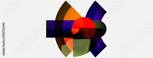Abstract composition features overlapping colorful shapes. Red center draws attention, surrounded by orange, purple, green hues. Modern design.