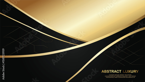Modern abstract background with flowing gold curves and lines on a dark black surface, conveying luxury and elegance.