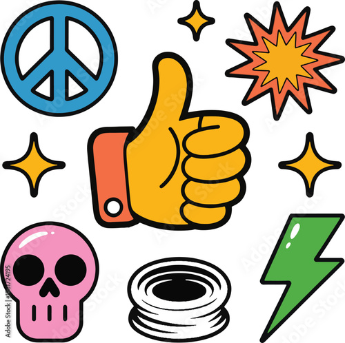Peace symbol thumbs up skull lightning bolt and stars vector