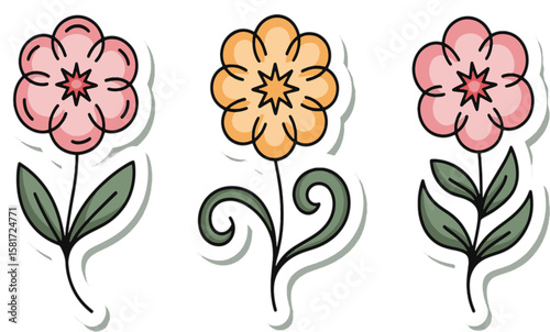 Pink and orange flowers with green leaves and black outlines vector