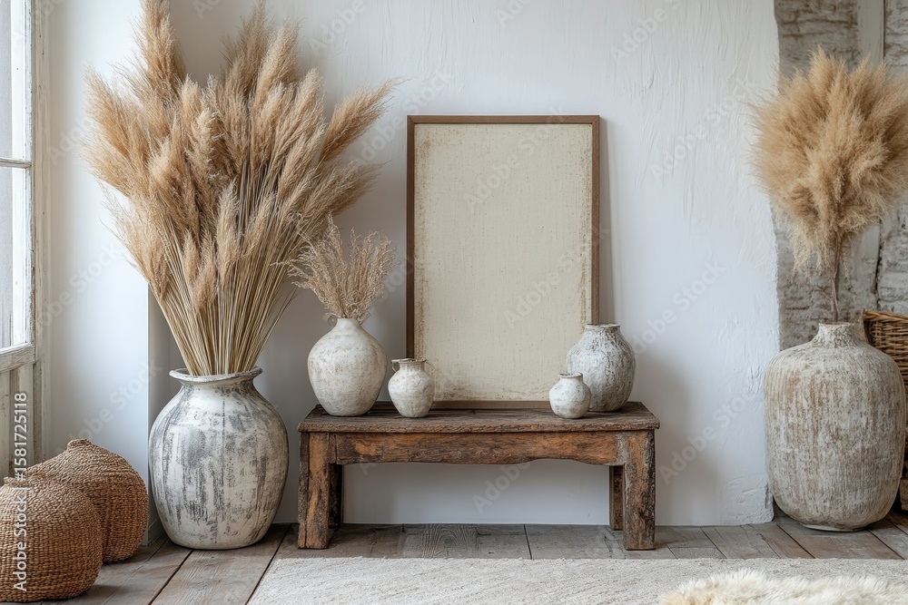 Obraz premium Canvas frame and vases with pampas grass on a wooden floor near a white wall, enhancing the boho interior design with unique home decor pieces, Generative AI