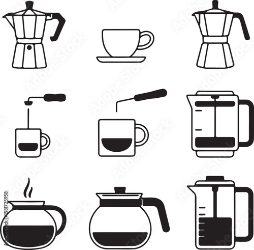 Coffee makers and cups silhouette collection espresso moka pot