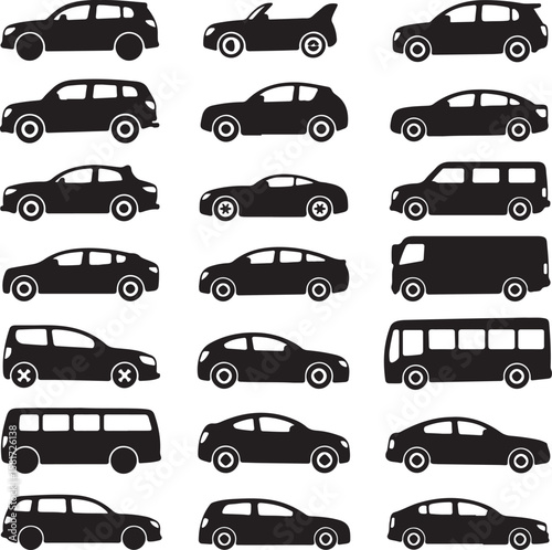 Diverse automobile silhouettes including S U Vs sedans and vans vehicle transport