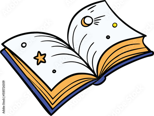 Whimsical open book with celestial elements and a star illustration