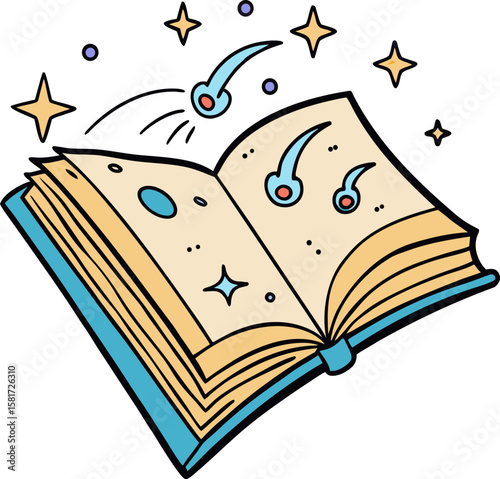 Open book with magical sparks and glowing orbs flying out