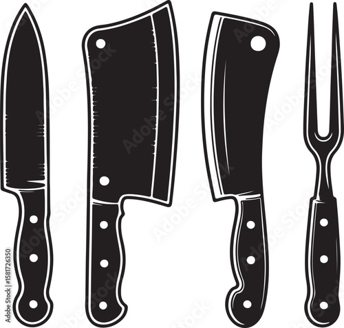 Kitchen cutlery silhouette with cleaver and carving fork kitchenware knives