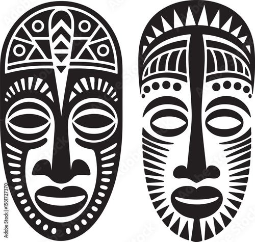 Tribal mask silhouette with geometric patterns and facial features African mask cultural