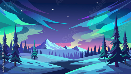 Stylized winter landscape under a vibrant aurora borealis sky