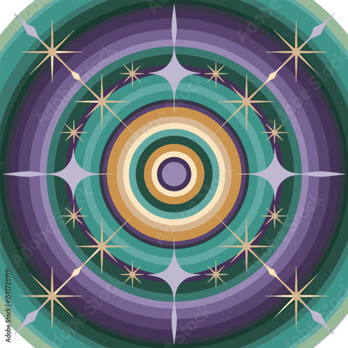 Starbursts radiating from concentric circles in jewel tones abstract circular