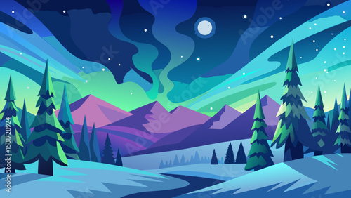 Stylized winter landscape with aurora borealis over purple mountains and pine trees