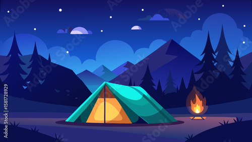 Cozy campsite under a starry night sky with a glowing tent and campfire