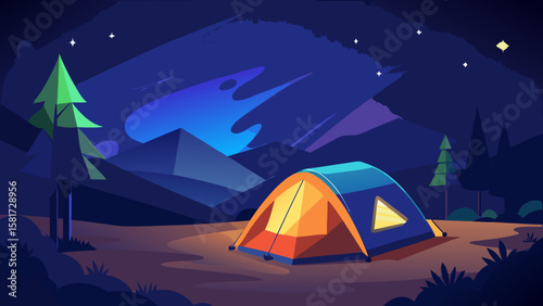 Cozy illuminated tent pitched in a serene mountain landscape under a starry night sky