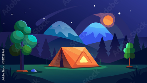 Vibrant orange tent pitched in a serene forest clearing under a starry night sky