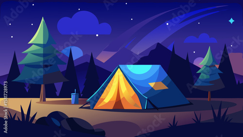 Cozy illuminated tent in a serene forest landscape under a starry night sky