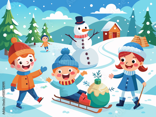 Happy children playing in the snow with a snowman and sled