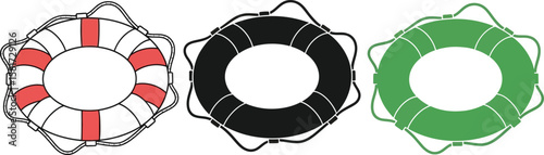Three life preservers with different colors and one with the letter a