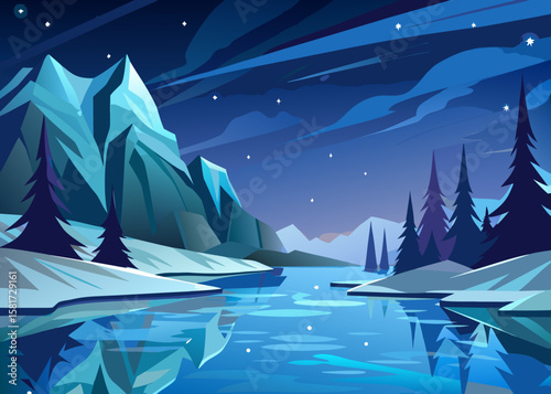 Stylized winter landscape with snowy mountains and reflecting lake at night