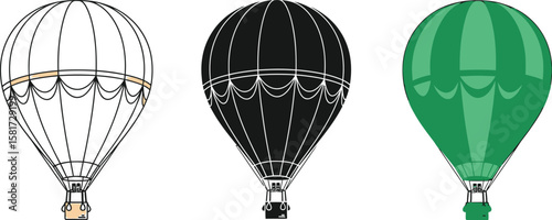 Three hot air balloons in blue black and green colors on a white background