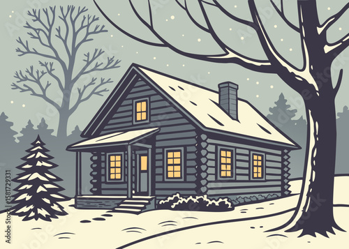 Cozy log cabin in a snowy winter landscape with bare trees