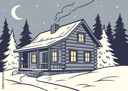 Cozy log cabin in snowy forest under a crescent moon